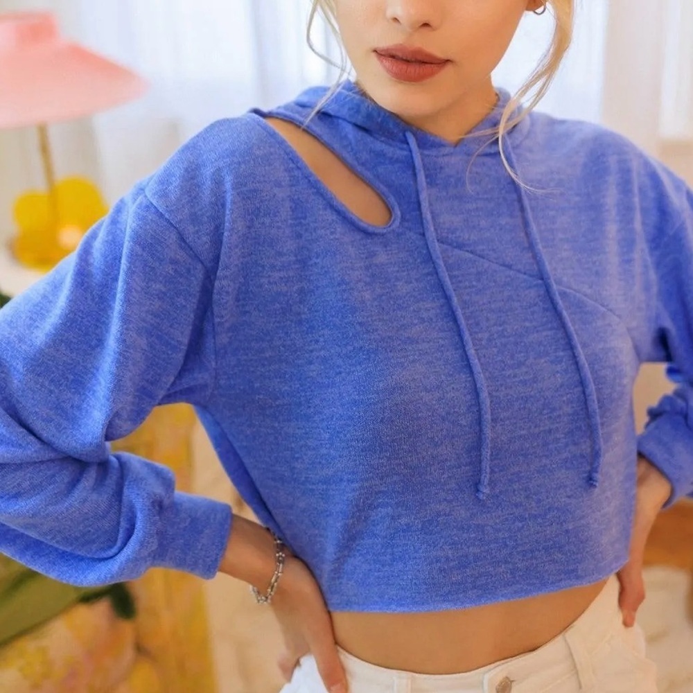 Blue Cropped Cut Out Hoodie - Picture 3 of 3
